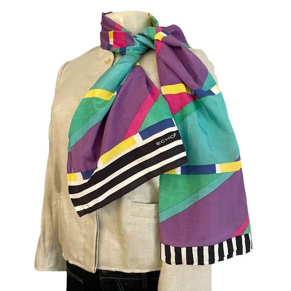 Vintage Scarf by Echo Geometric MOD in Green Purple Yellow Midcentury Pattern. - Picture 3 of 10